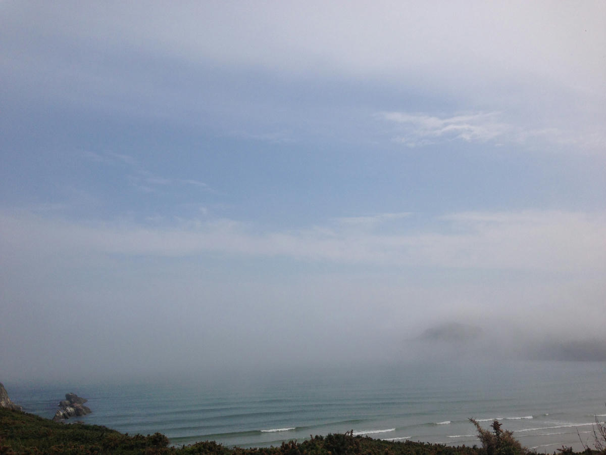 A beach and the sea with waves in light fog